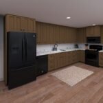 Plan 288-0255 kitchen with dark cabinetry and black appliances