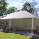 Plan 288-0256 Rear view of a home with a covered porch and landscaping