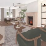 Plan 288-0256 interior view of a living room with fireplace and dining area