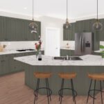 Plan 288-0256 kitchen with island, gray cabinets, and pendant lighting