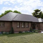 Plan 288-0189 Rear view of a brick home with a gable roof and patio