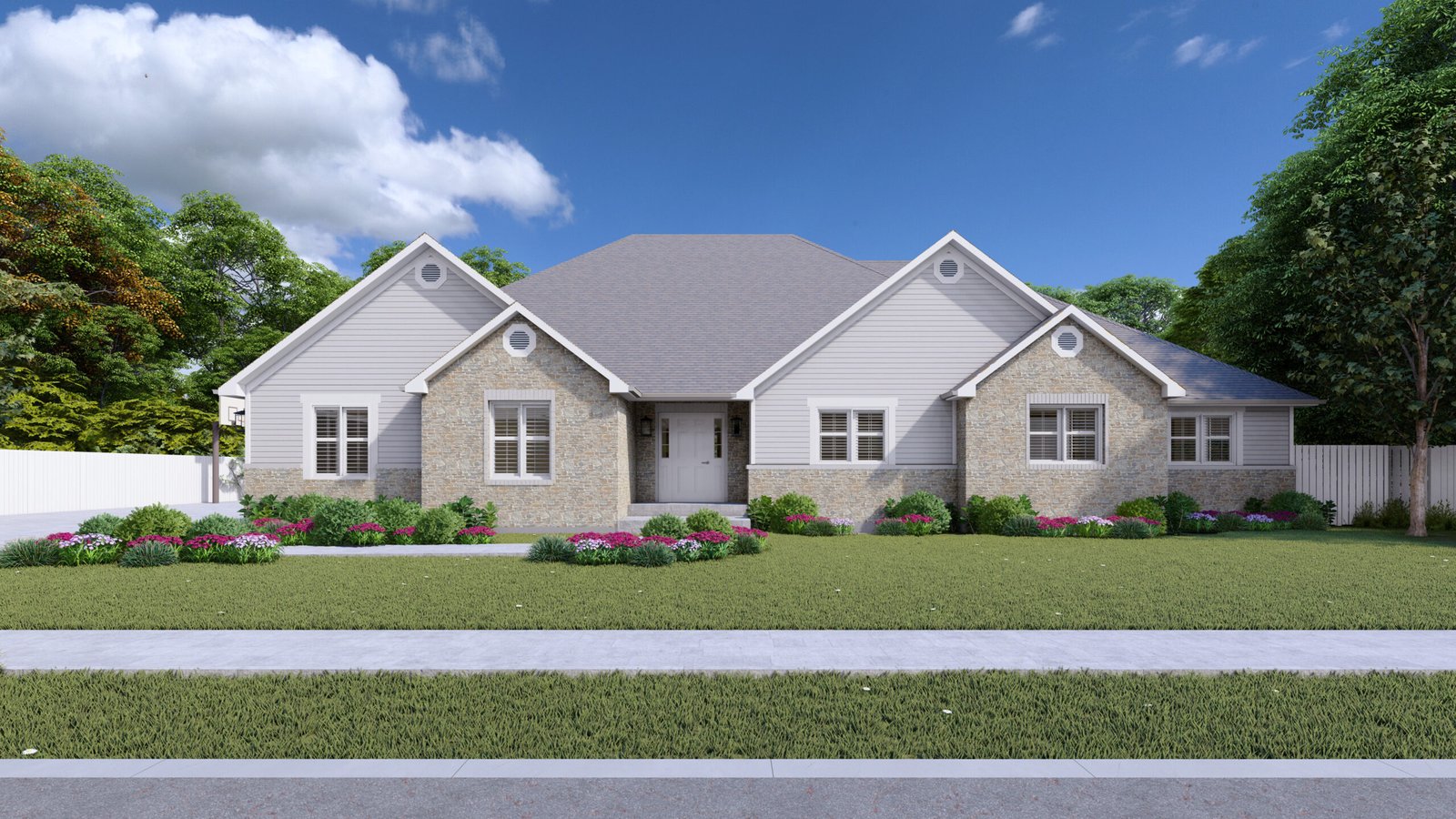 Plan 288-0259 Front view of a modern home with stone accents and
