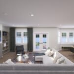 Plan 288-0191 open living room with fireplace and large windows