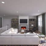 Plan 288-0191 living room with fireplace, built-ins, and large windows