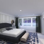 Plan 288-0191 primary bedroom with large windows and upholstered bed