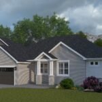 Plan 288-0192 Front view of a modern home with dual garage and porch
