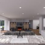 Plan 288-0192 open living area with kitchen island and fireplace