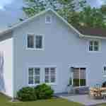 Plan 288-0131 Rear view of a two-story house with patio and garden