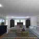 Plan 288-0131 living room with large windows and decorative accents