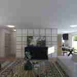 Plan 288-0131 living room with decorative wall and open kitchen view