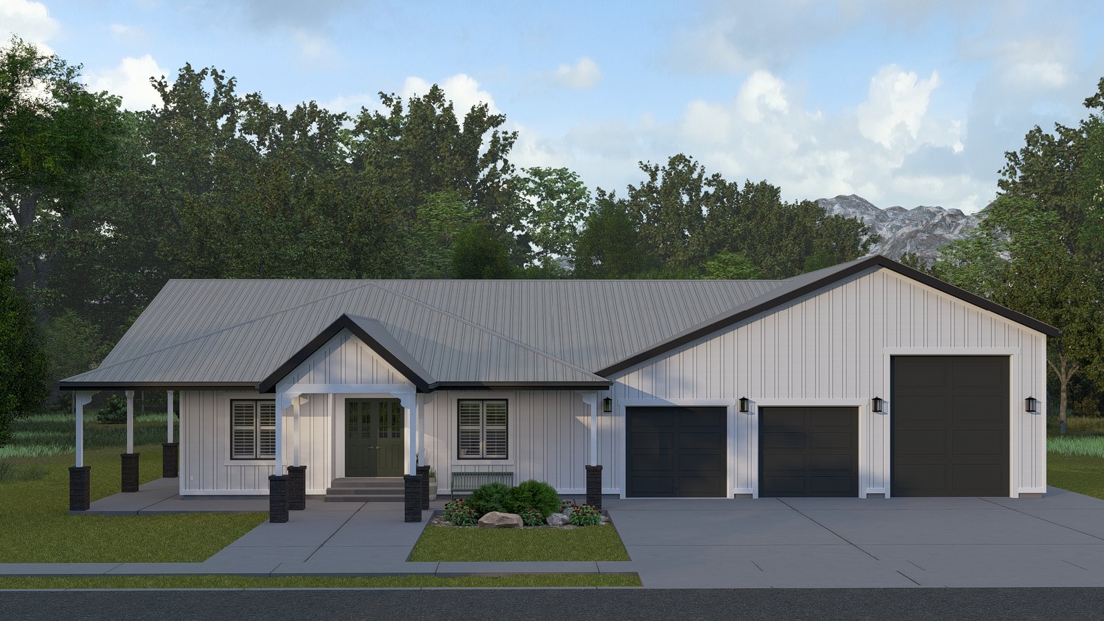 Plan 288-0258 Front view of a modern home with a gable roof and two garages