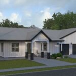 Plan 288-0258 Front view of a modern home with a gable roof and garage