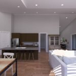 Plan 288-0258 open living space with kitchen island and vaulted ceiling