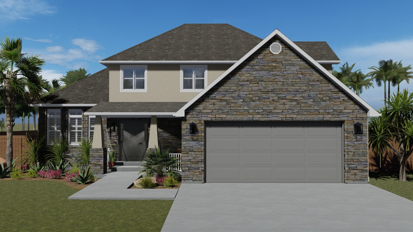 Plan 288-0231 Front view with stone accents and a two-car garage