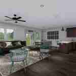 plan 288-0079 main level living, dining, and kitchen rendering