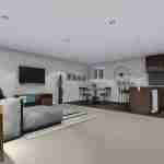 plan 288-0079 basement living, dining, and kitchen rendering