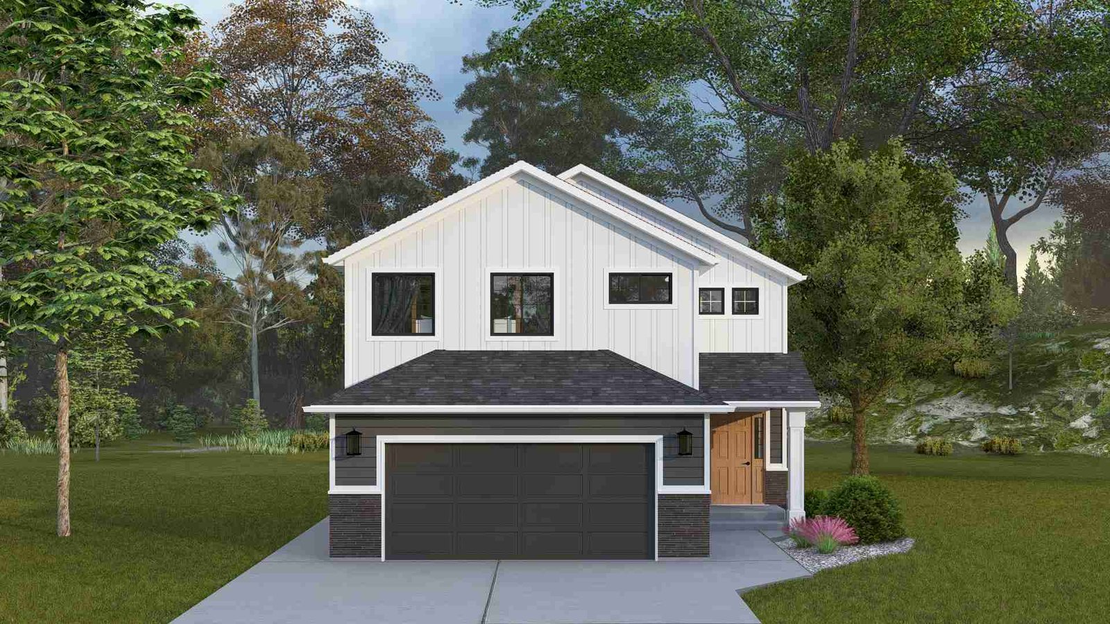 Plan 288-0132 Front view of a modern two-story home with garage