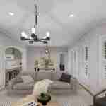 Plan 288-0118 living room with modern chandelier and large windows