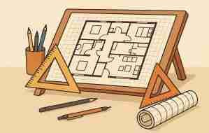 Image of a floor plan on a drawing table