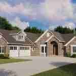 Plan 580-1348 Front view of a stone exterior with gable roof and garage