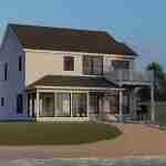 Plan 580-1350 Rear view of a two-story home with a deck and yard