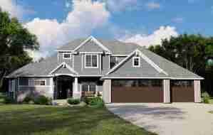 Plan 580-1353 Front view of a modern home with gable roof and garage