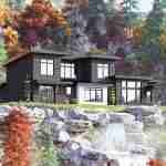 Plan 580-1362 Front view of a modern home with large windows and stone