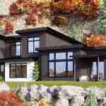 Plan 580-1362 Front view of a modern home with large windows and porch