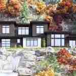 Plan 580-1362 Front view of a modern home with large windows and stone