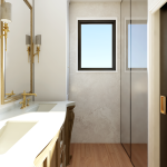 Plan 580-1362 primary bathroom with double vanity and walk-in shower