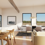 Plan 580-1362 open living and dining area with large windows