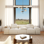 Plan 580-1362 bright living room with large windows and modern furnishings