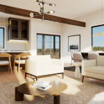 Plan 580-1362 interior view of a modern living room and kitchen area