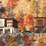 Plan 580-1364 front view of two modern homes in a forested setting