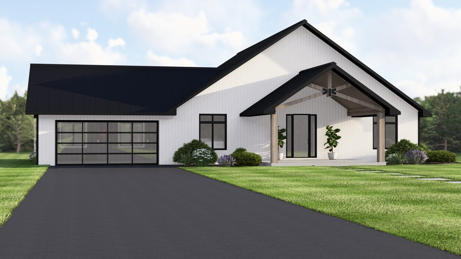Plan 580-1369 Front view with gable roof and large garage door