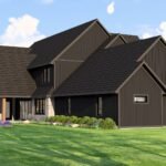 Plan 580-1366 Rear view of a modern home with mixed siding and gables