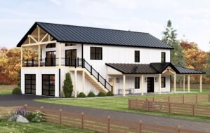 Plan 580-1365 Front view of a modern farmhouse with a metal roof