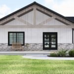 Plan 580-1372 Front view with porch, gable roof, and stone accents
