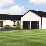 Plan 580-1372 Front view of a modern home with a gable roof and garage