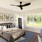 Plan 580-1370 primary bedroom with large windows and ceiling fan