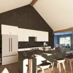 Plan 580-1370 kitchen with vaulted ceiling and large island