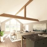 Plan 580-1370 Interior view of a kitchen and living area with vaulted