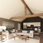 Plan 580-1370 living room with vaulted ceiling and open kitchen area