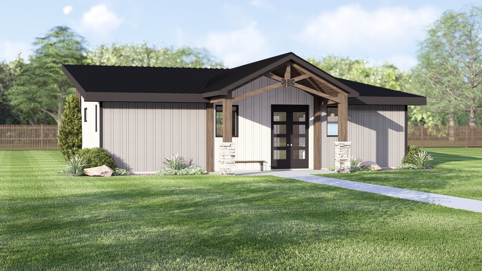 Plan 580-1373 Front view with gable roof and stone accents