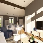 Plan 580-1373 interior view of living room with kitchen area and beams