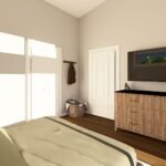 Plan 580-1373 primary bedroom with dresser and large windows