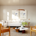 Plan 580-1371 living room with large windows and modern furnishings