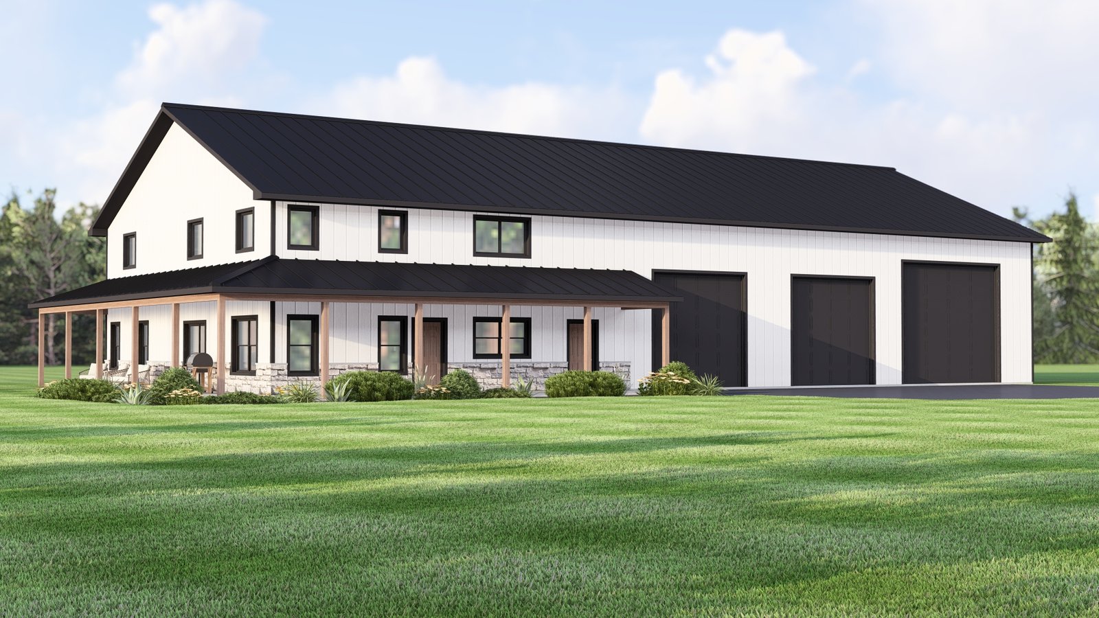 Plan 580-1375 Front view of a modern farmhouse with a porch and garage