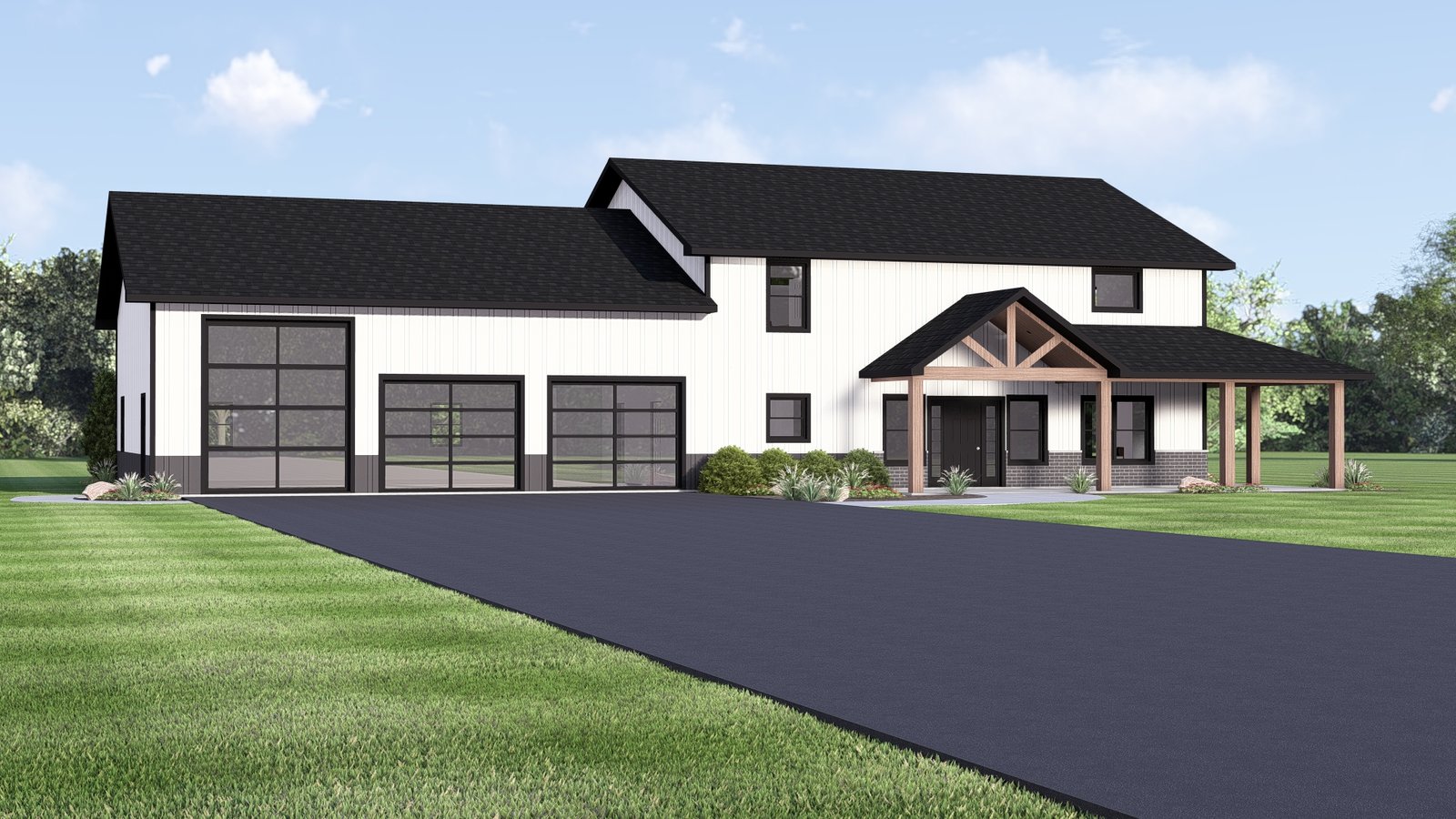 Plan 580-1374 Front view with gable roof and large garage doors
