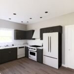 Plan 580-1374 modern kitchen with dark cabinetry and large windows